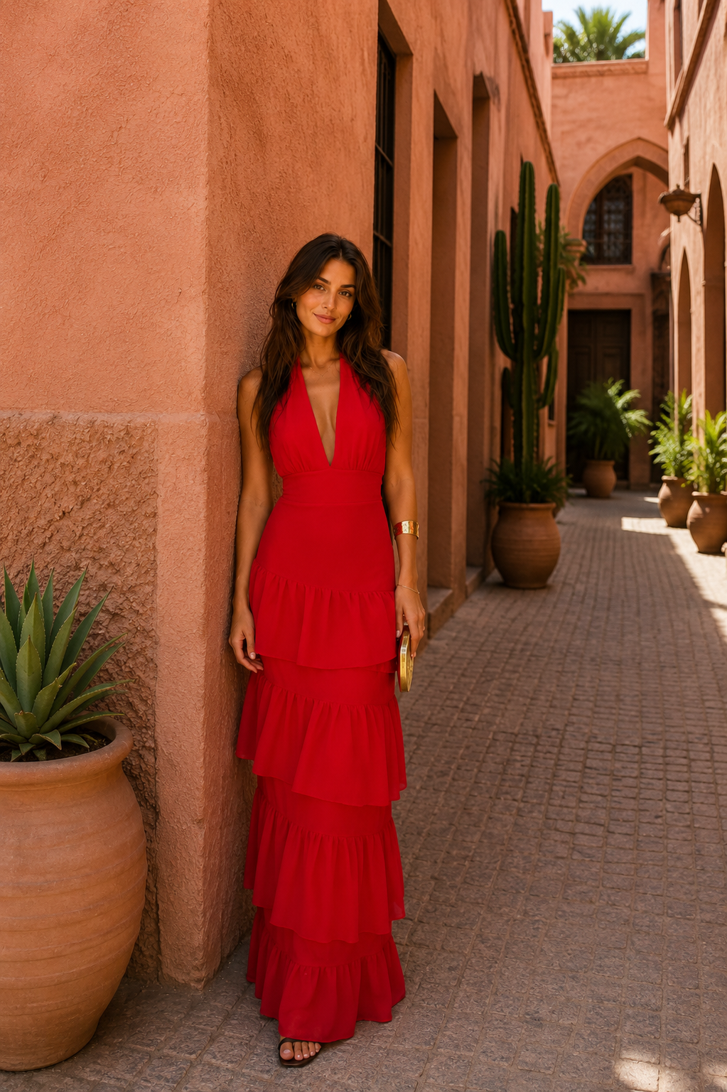 Robe Manille rouge à bretelles fines, encolure en V, volants étagés