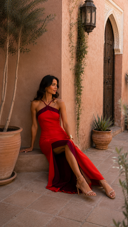 Robe longue rouge avec buste bordeaux, bretelles fines et fente ouverte.