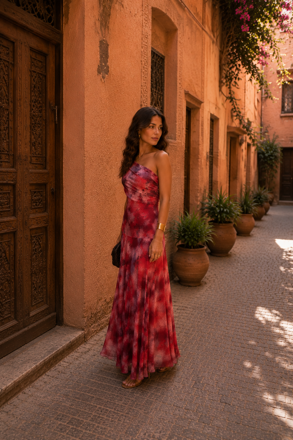 Robe longue rouge tie-dye à une épaule, coupe ajustée.