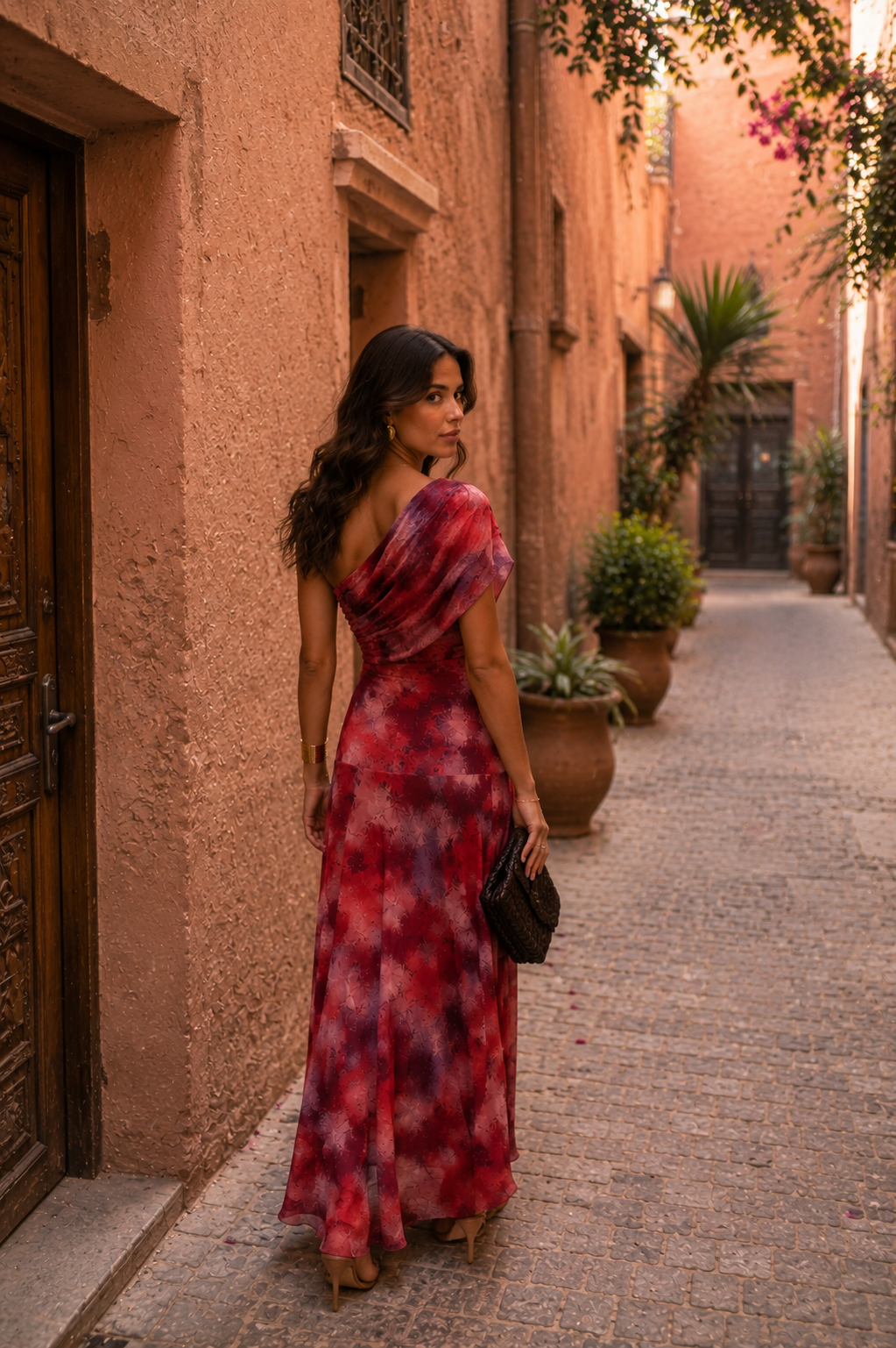 Robe longue rouge tie-dye, dos échancré, une bretelle, coupe près du corps.