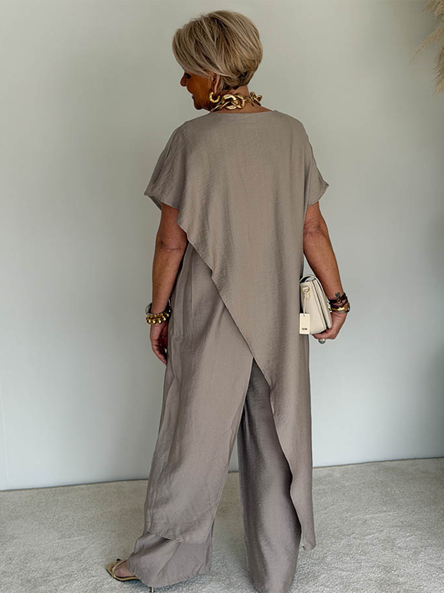 Tenue ample asymétrique sable, robe longue manches courtes à découpe et pantalon