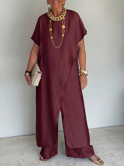 Tenue ample asymétrique vin, robe longue fendue devant et pantalon large