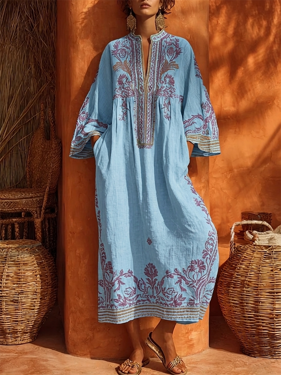 Robe longue bleu ciel en lin, col boutonné, broderies florales violet, manches larges