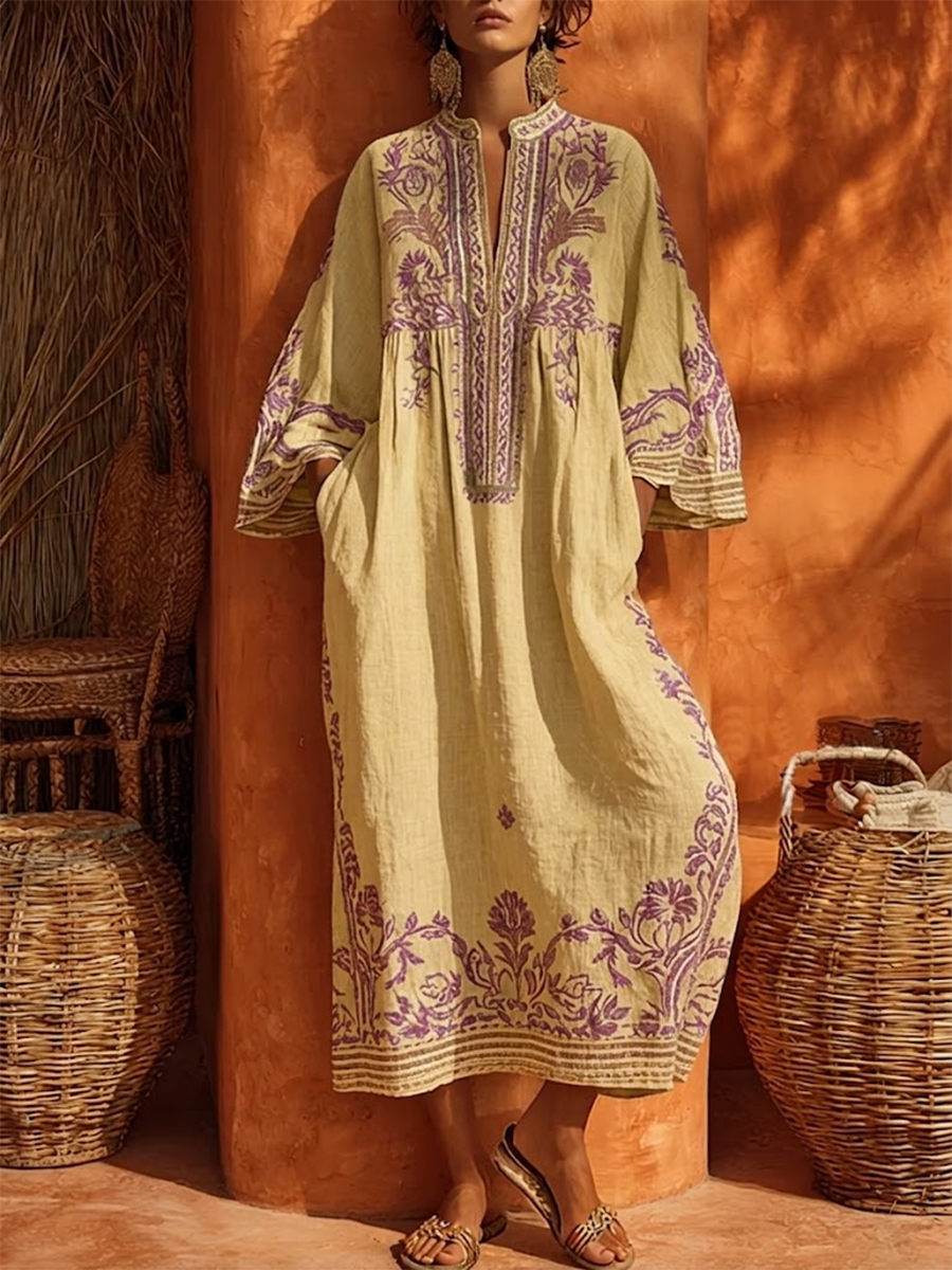 Robe longue jaune soleil en lin, col boutonné, broderies florales violet, manches larges