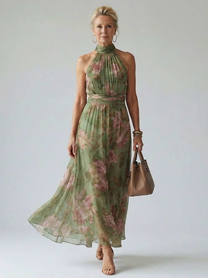 Robe midi sans manches à col montant froncé, vert sauge à fleurs roses, ourlet évasé