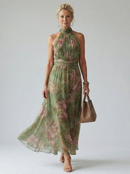 Robe midi sans manches à col montant froncé, vert sauge à fleurs roses, ourlet évasé