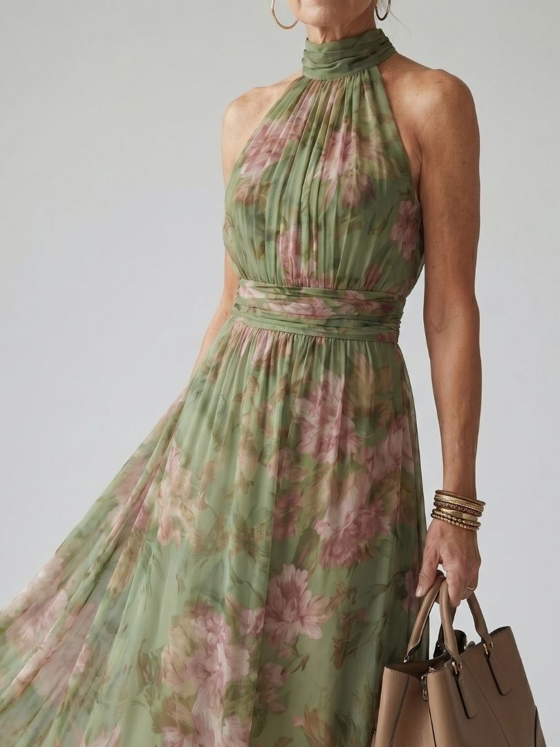 Robe midi sans manches à col montant froncé, vert sauge à fleurs roses