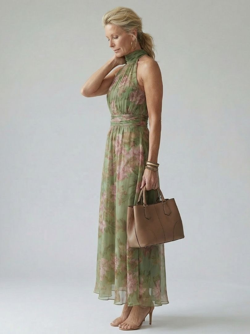 Robe midi à col montant froncé, sans manches, vert sauge fleuri rose, coupe fluide