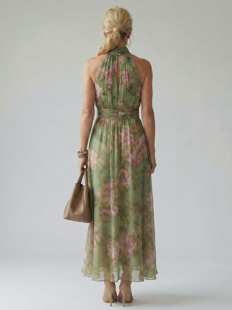 Robe midi sans manches à col montant froncé, dos nu nageur, vert sauge fleuri rose