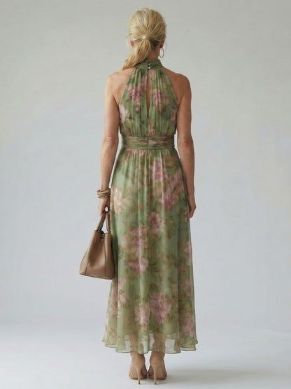 Robe midi sans manches à col montant froncé, dos nu nageur, vert sauge fleuri rose
