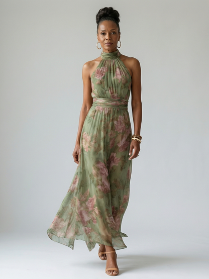 Robe midi halter à col montant froncé, vert sauge fleuri rose, jupe fluide