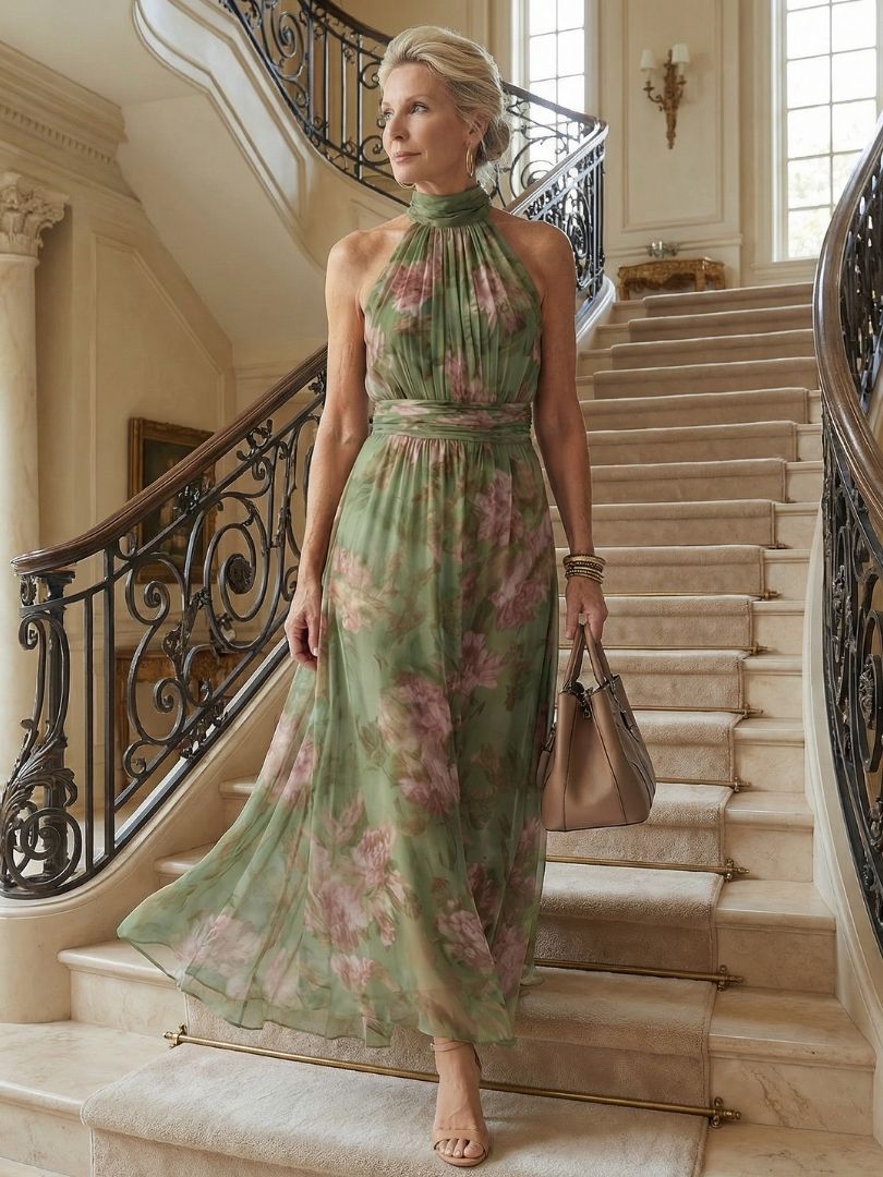 Robe midi halter à col montant froncé, vert sauge fleuri rose, fronces à la taille