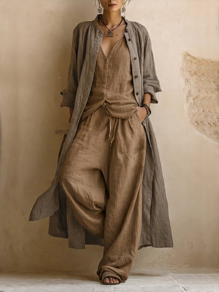 Ensemble 3 pièces en lin bohème brun : veste boutonnée, top col V, pantalon ample.