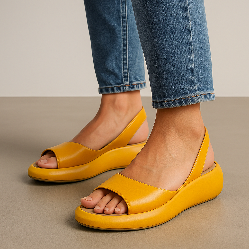 Sandales orthopédiques rembourrées jaune, bride large, bout ouvert