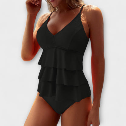 Maillot de bain une pièce noir à décolleté V, bretelles fines et volants