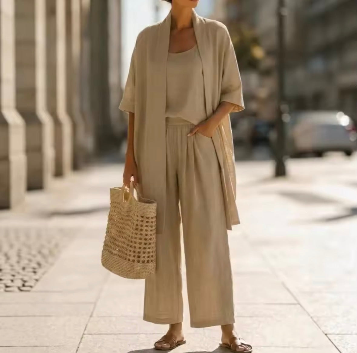 Ensemble trois pièces beige : tunique ouverte et pantalon ample.