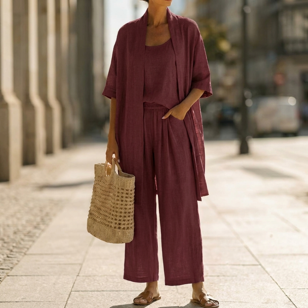 Ensemble trois pièces rouge bordeaux : tunique ouverte et pantalon ample.