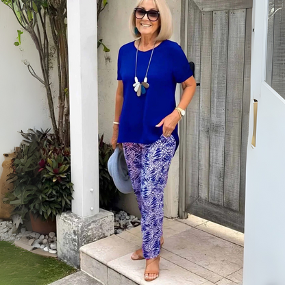 Ensemble tunique manches courtes bleu marine et pantalon stretch à motif bleu et violet