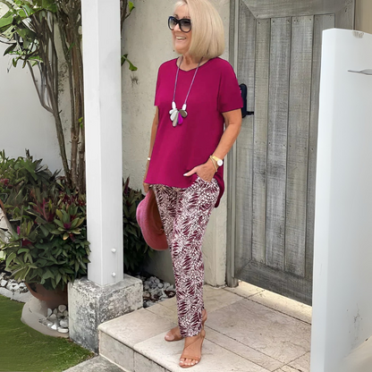Ensemble tunique manches courtes prune et pantalon stretch à motif blanc et rouge