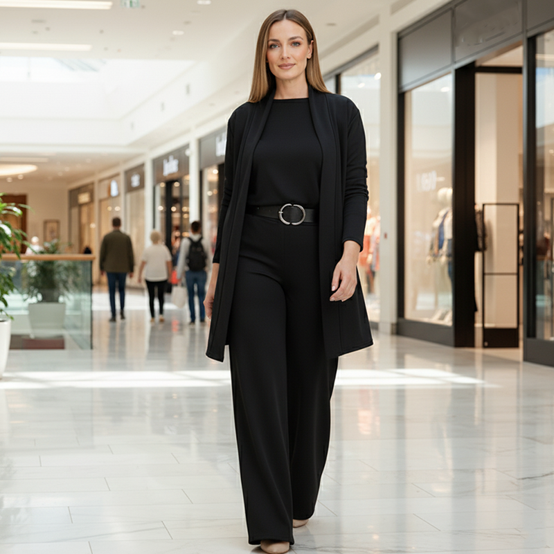 Ensemble trois pièces noir : veste longue, haut et pantalon, ceinture à boucle