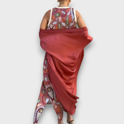 Robe longue rouge à motif cachemire, cardigan drapé, manches évasées