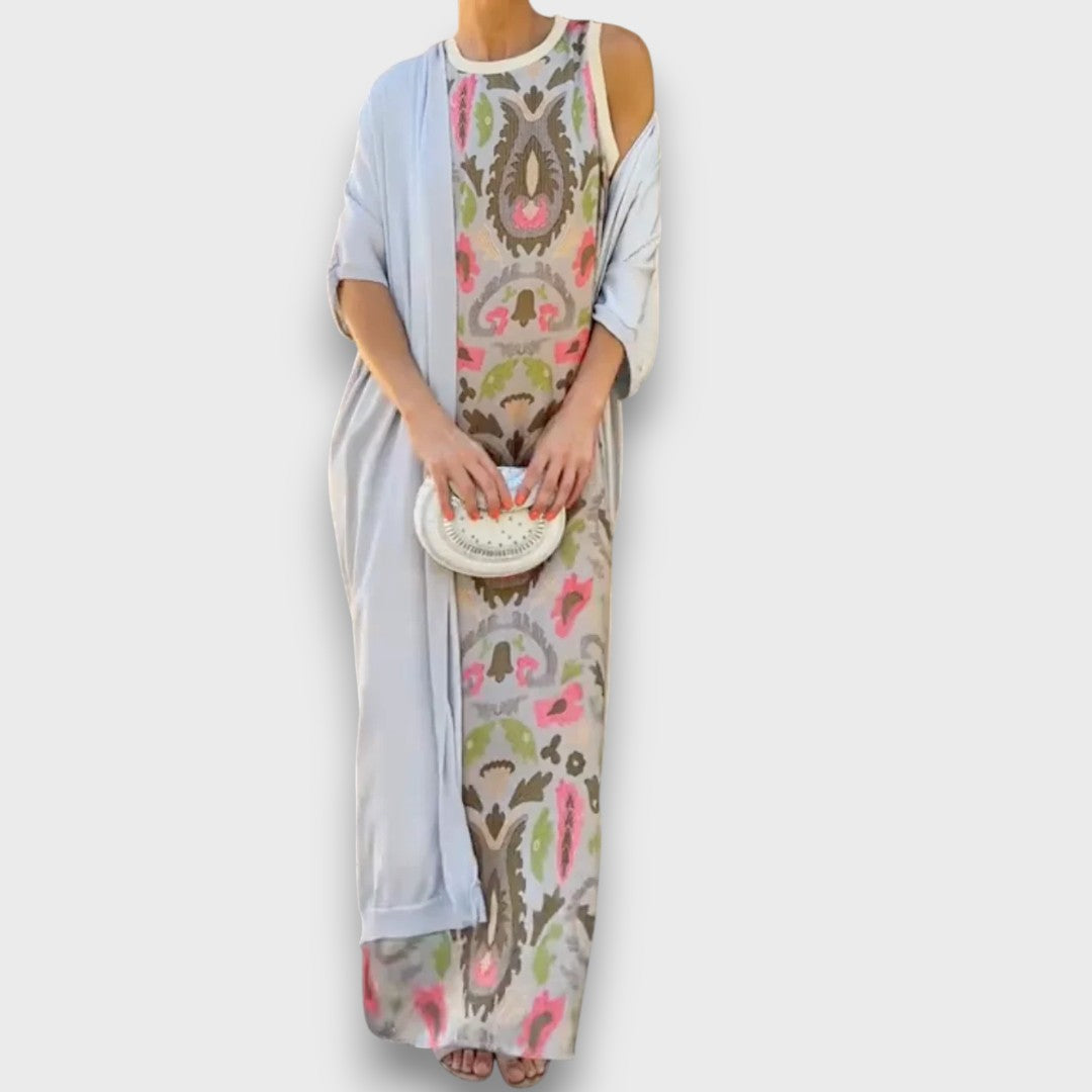Robe longue blanche à motif cachemire, cardigan fluide ouvert à manches longues