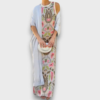 Robe longue blanche à motif cachemire, cardigan fluide ouvert à manches longues