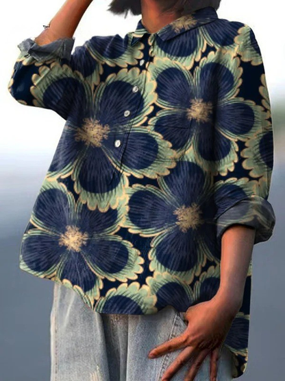 Chemise vintage florale multicolore, manches longues, col, boutonnée.