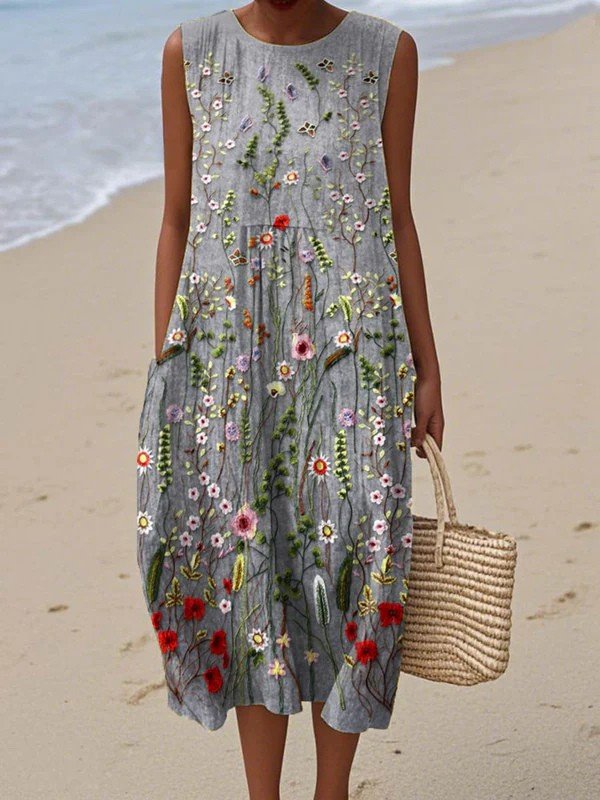Robe mi-longue grise sans manches à fleurs multicolores, coupe évasée