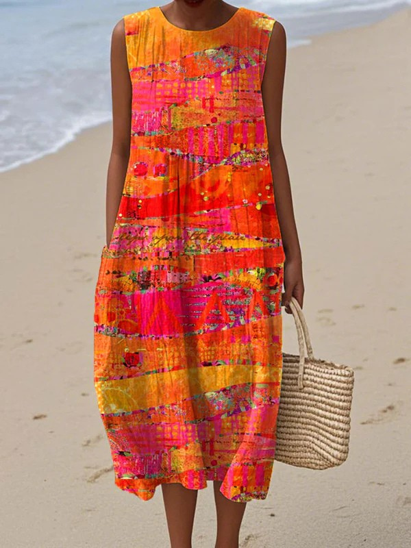 Robe midi sans manches multicolore, dégradé coucher de soleil, coupe droite