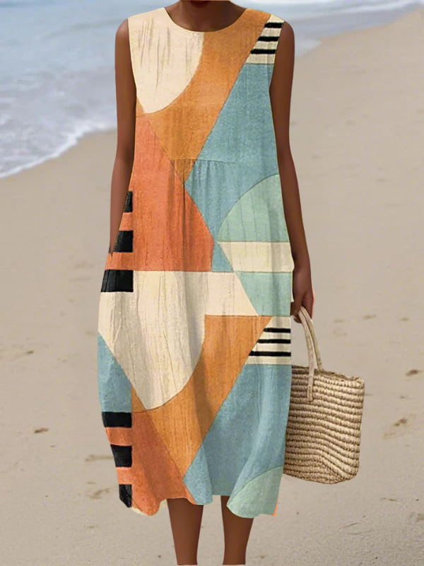 Robe mi-longue sans manches à motifs géométriques multicolores, encolure ronde