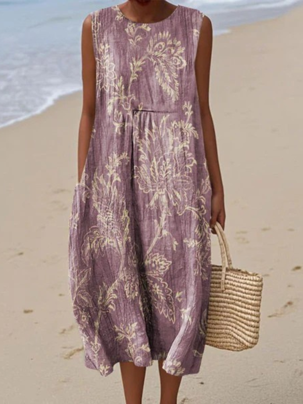 Robe midi sans manches lilas à motifs floraux, encolure ronde, fronces