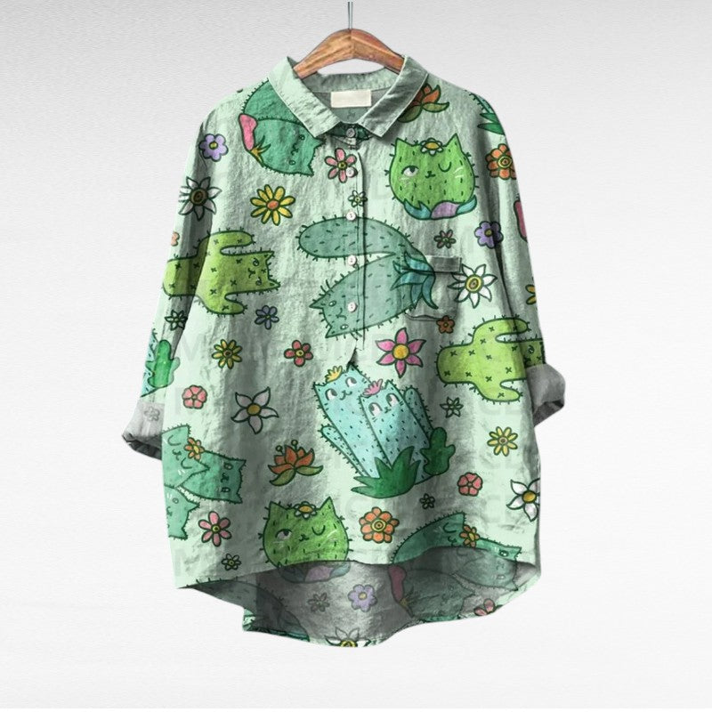 Blouse d’été en lin à motifs chats et fleurs, col chemise boutonné