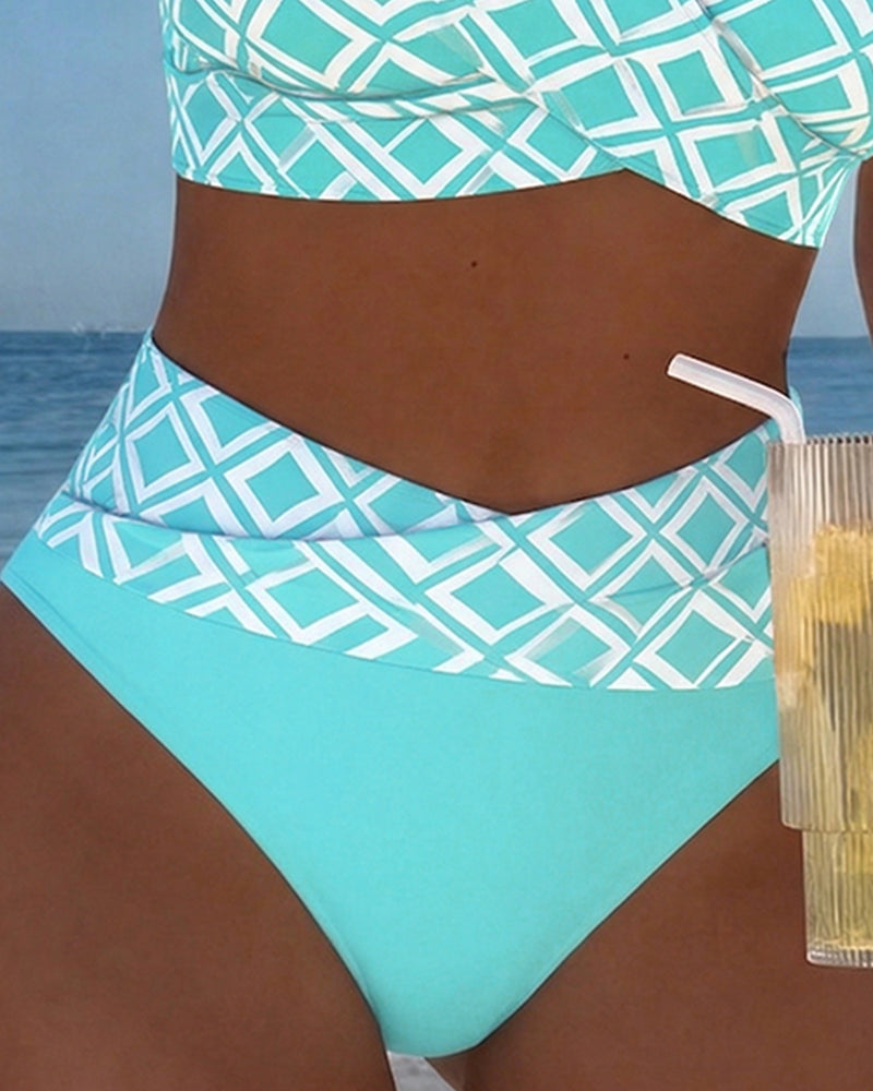 Bas de maillot de bain bleu turquoise uni, ceinture à motif losanges