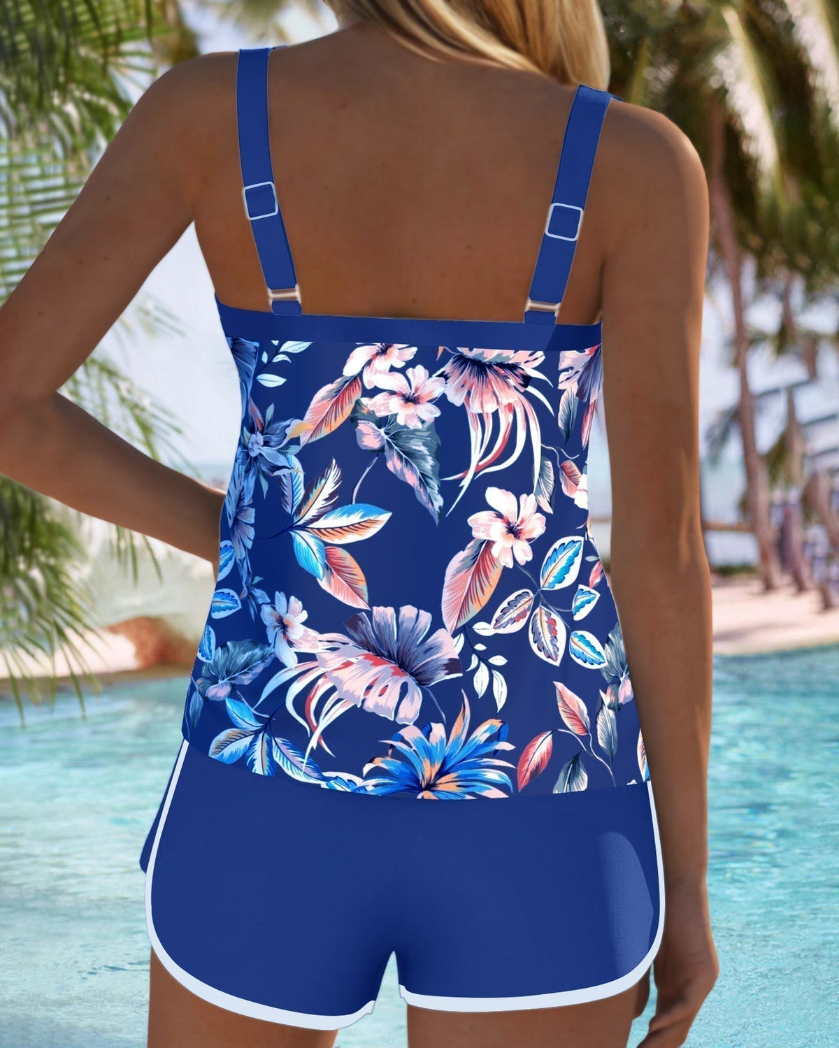 Tankini imprimé sans manches col en U bleu royal, dos nageur à bretelles.