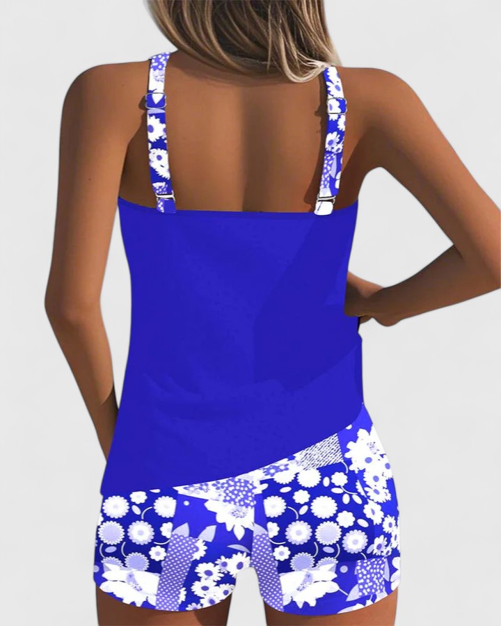 Maillot de bain confortable bleu royal à bretelles contrastées et short à motifs fleuris