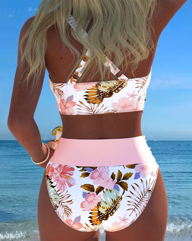 Ensemble bikini rose imprimé floral, haut bandeau et bas taille haute assorti
