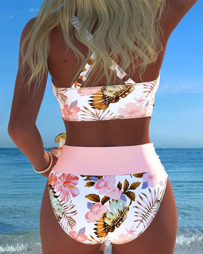 Ensemble bikini rose imprimé floral, haut bandeau et bas taille haute assorti