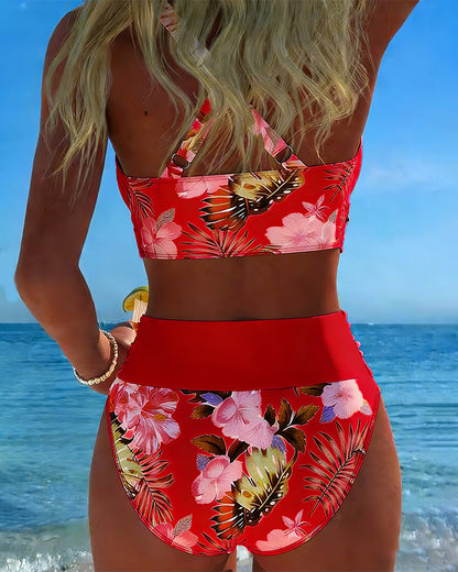 Maillot 2 pièces rouge à imprimé floral, haut triangle et bas taille haute