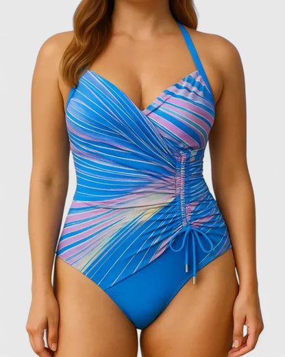 Maillot de bain Sorynelle bleu et rose rayé, smocks et liens sur le côté.