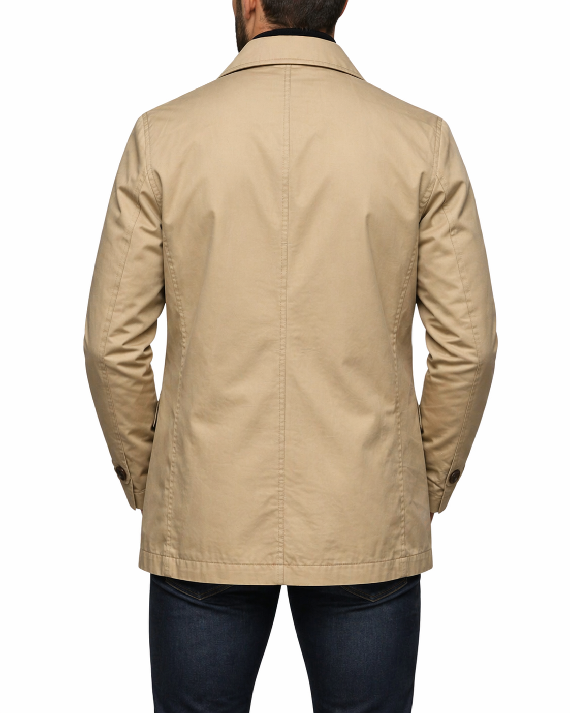 Trench-coat kaki pour homme, porté de dos, boutonnage central et col relevé