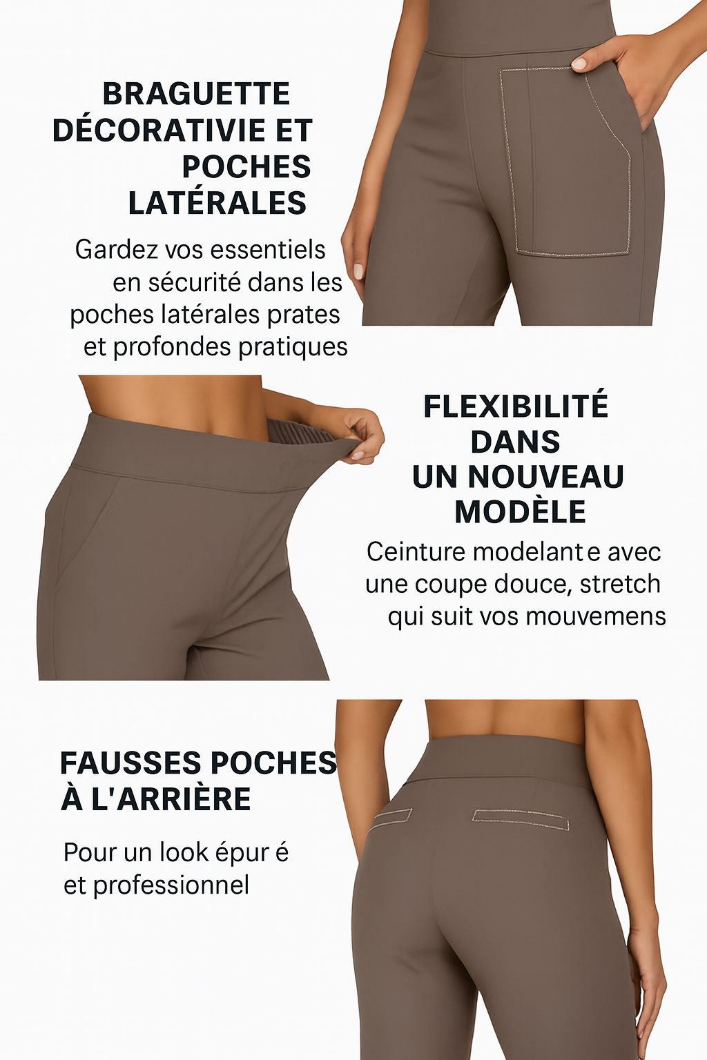 Pantalon stretch pour femme taupe, poches latérales plaquées et poche arrière factice