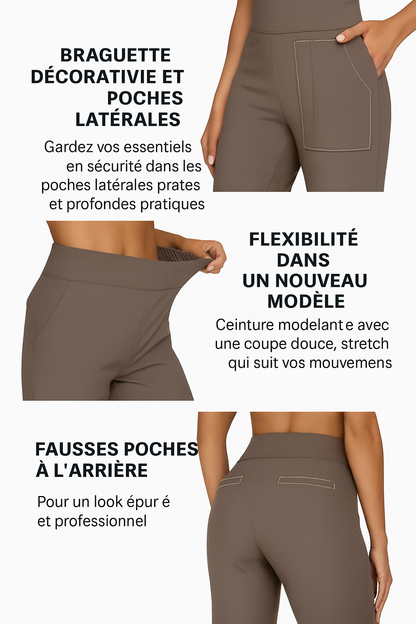 Pantalon stretch pour femme taupe, poches latérales plaquées et poche arrière factice