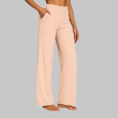 Pantalon ample taille haute crème, jambe large, silhouette fluide