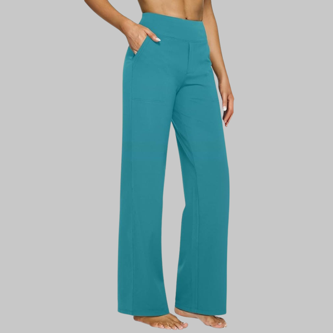 Pantalon ample taille haute turquoise, jambe large, style décontracté