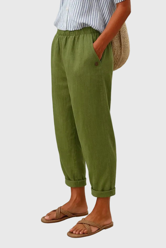 Pantalon vert olive ample en lin, taille élastique, ourlet retroussé, bouton décoratif