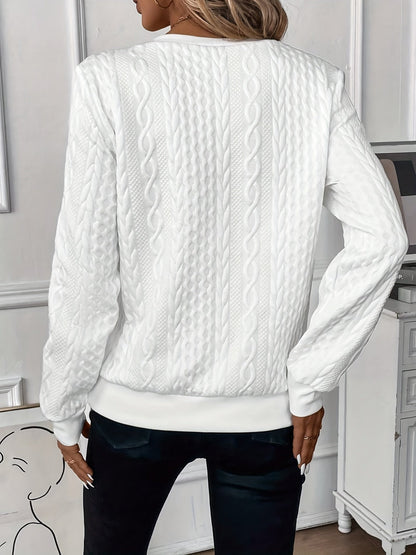 Pull à glissière blanc à manches longues, motif torsadé, vu de dos