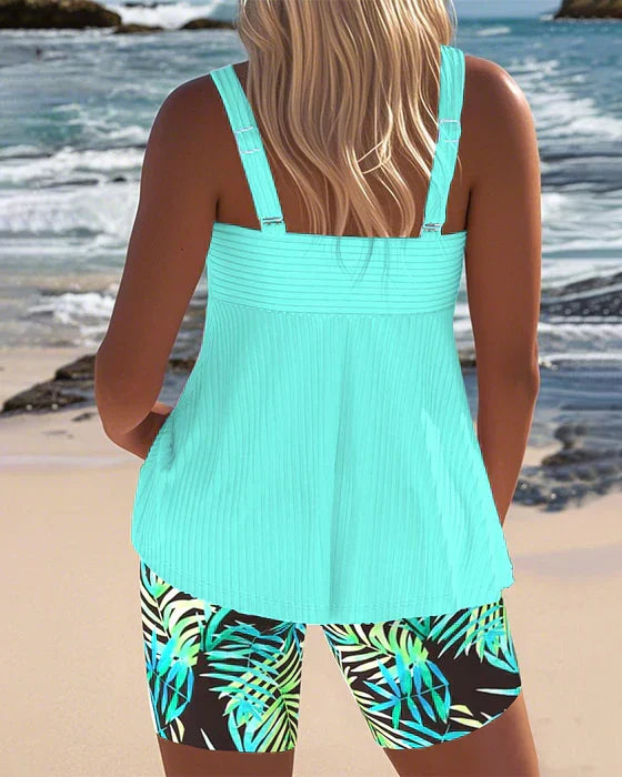 Ensemble tankini côtelé turquoise : haut à bretelles, short imprimé feuillages