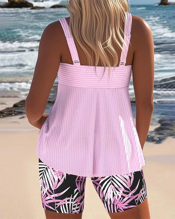 Ensemble tankini côtelé rose : haut à bretelles, short imprimé feuillages