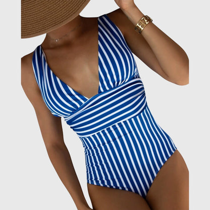 Maillot de bain une pièce bleu rayé, décolleté plongeant V, manches courtes